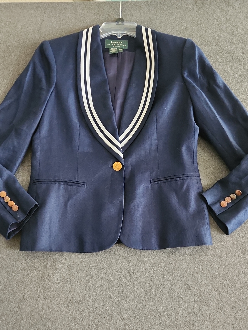 Lauren Ralph Lauren Linen Womens Navy Blazer White Trim Gold Buttons Size 10P